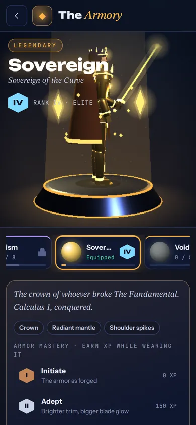 The Armory showing the legendary Sovereign armor