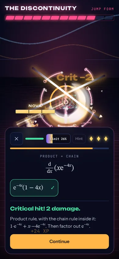 A critical hit slashing through a boss after a correct answer